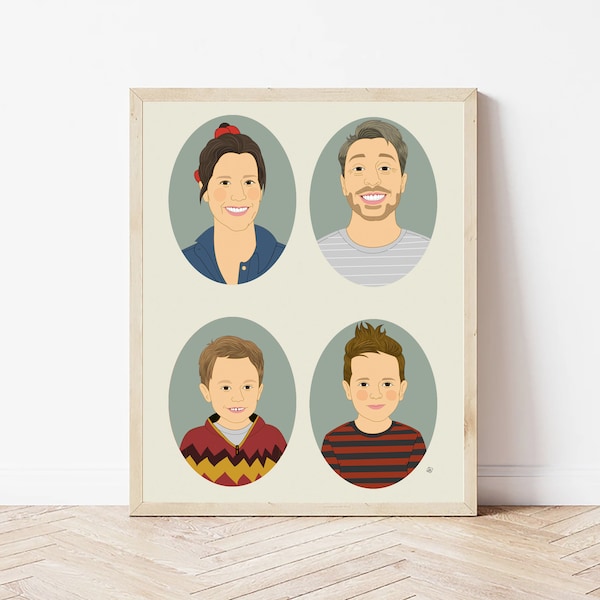 Gift For Dad. Custom Family portrait of 4 people, Digital drawing, Personalized Family illustration, Anniversary gift.