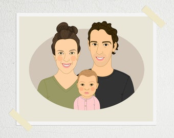 Gift For New Mom or New Dad. Family portrait of 3. Handmade Digital Drawing From Photo.