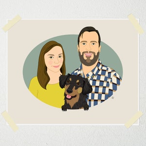 Hand Drawn Couple Portrait with Pet, Custom Couple Portrait from Photos, Anniversary or Engagement Gift for Pet Owners