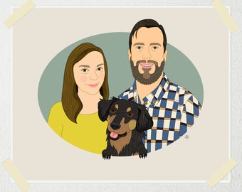 Custom Couple Portrait with your Pet. Personalized Wedding, Birthday or Anniversary Gift. Drawing From Photos.