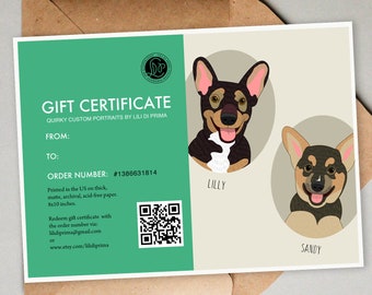 Last minute gift idea for pet lovers. Printable gift Certificate. Custom portraits of 2 pets.  8x10' Print. Anniversary or Birthday gift.