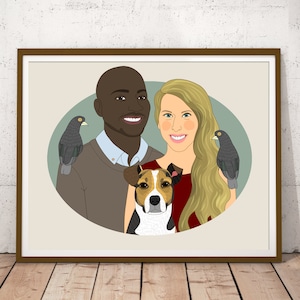 Custom Couple Portrait with 3 Pets. Gift for animal lovers. Couple illustration. Digital portrait. image 1