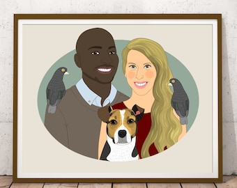 Custom Couple Portrait with 3 Pets. Gift for animal lovers. Couple illustration. Digital portrait.