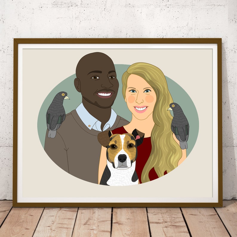 Custom Couple Portrait with 3 Pets. Gift for animal lovers. Couple illustration. Digital portrait. image 1