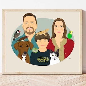 Custom Family Portrait with Animals, Illustration from Photos. Gift for Mother's or Father's Day.