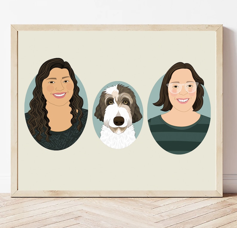 Custom Couple Portrait with pet, Personalized Anniversary or Birthday gift. 2 people & 1 pet. 3 oval frame. image 7