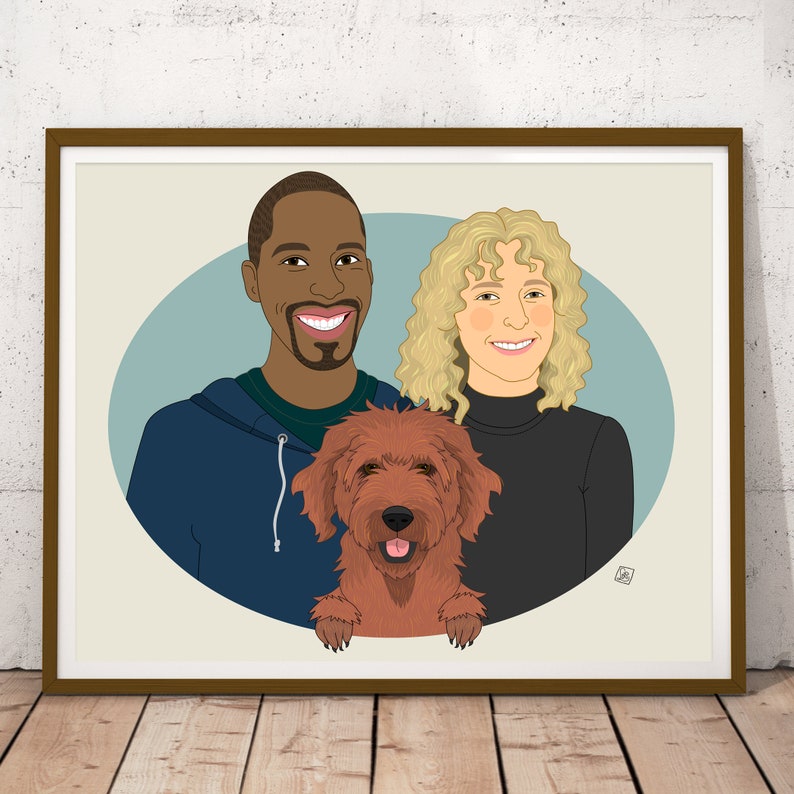 Personalized Couples Portrait With Pet, Wedding or Anniversary Gift For Her/Him Portrait From Photo. image 2