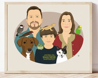 Housewarming gift. Custom Family Portrait With Pets. Portrait from photos. 7 people/pets.