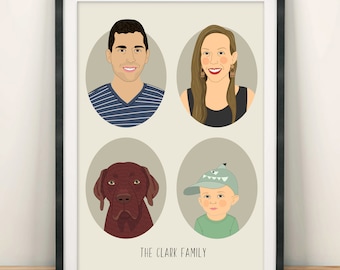 Anniversary Gift. Custom family portrait. 3 people and one pet. Personalized gift. Family illustration. Portrait from photo.