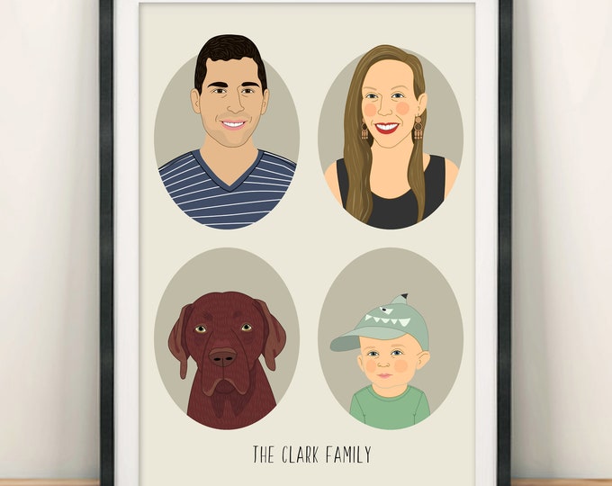 Anniversary Gift. Custom family portrait. 3 people and one pet. Personalized gift. Family illustration. Portrait from photo.