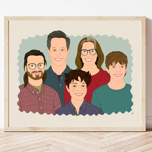 Family Portrait Illustration with Pets, Personalized Family Portrait, Gift for Mother's or Father's Day, Family Keepsake.
