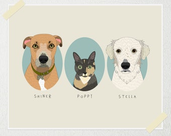 Personalisiertes Portrait von 3 Haustieren. Personalisierte Tierportraits. Hunde oder Katzen Portraits. Haustier-Erinnerungsgeschenk. Digitale Hundekunst. Mehrere Haustierporträts