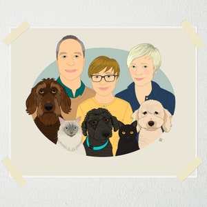 Housewarming gift. Custom Family Portrait With Pets. Portrait from photos. 7 people/pets. image 4