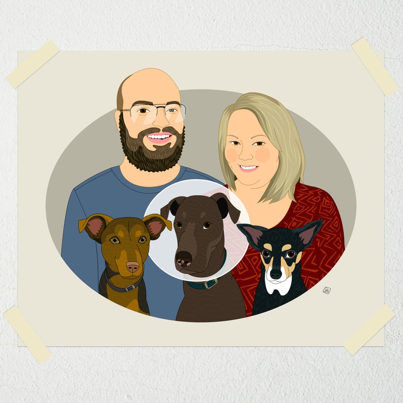 Custom Couple Portrait with 3 Pets. Gift for animal lovers. Couple illustration. Digital portrait. image 4