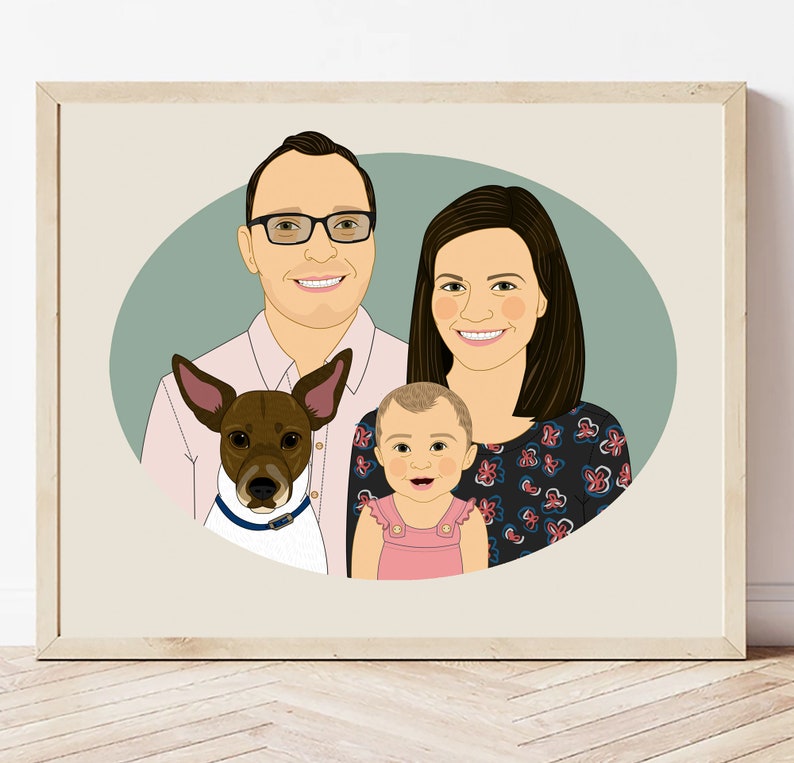Family Portrait with a Baby and a Pet. Mother's or Father's Day gift. Anniversary gift. 3 people 1 pet. image 3