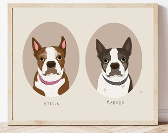 Custom Pet Portraits of two pets. Custom Dog Portraits. Personalized Pet Memorial. Drawing from Photos.