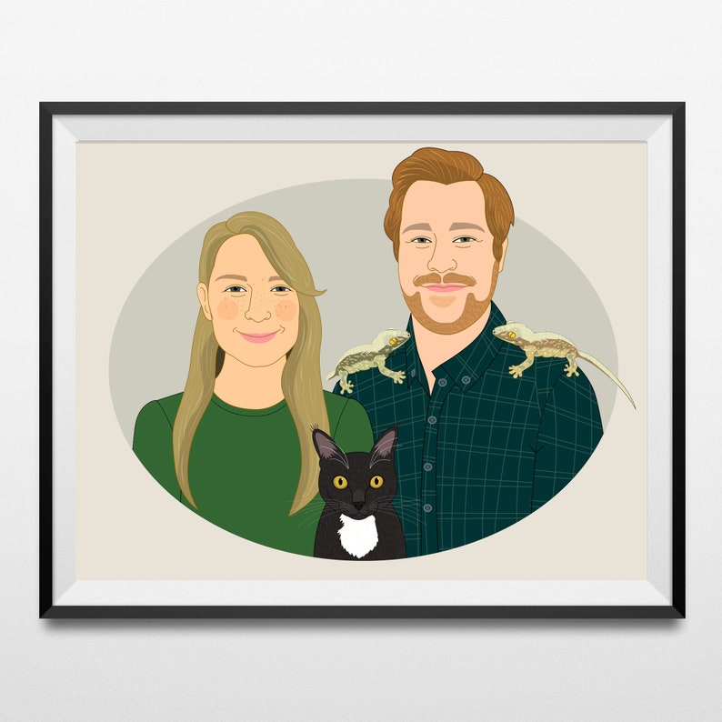 Custom Couple Portrait with 3 Pets. Gift for animal lovers. Couple illustration. Digital portrait. image 2