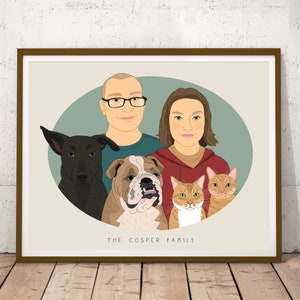 Custom Couple Portrait with 3 Pets. Gift for animal lovers. Couple illustration. Digital portrait. image 9