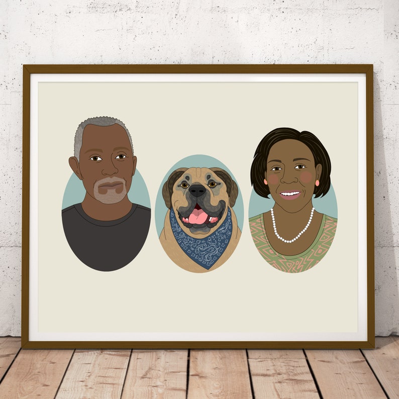 Custom Couple Portrait with pet, Personalized Anniversary or Birthday gift. 2 people & 1 pet. 3 oval frame. image 2