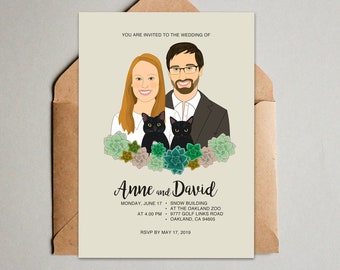 Faire-part de mariage serti de plantes succulentes. Portrait de couple avec 2 animaux de compagnie. Réservez la date. RSVP. Carte de remerciement.