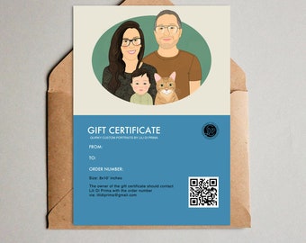 Printable Gift Certificate. Family of 4. + 8x10' Art print. Wedding, Anniversary, or Birthday gift. Last-minute Gift Idea.