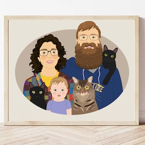 Large Family Portrait with Pets – Personalized Portrait for Up to 10 People or Pets, Drawing from Photos. Gift Mother's or Father's Day