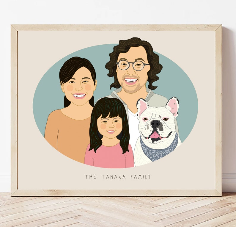 Family Portrait with a Baby and a Pet. Mother's or Father's Day gift. Anniversary gift. 3 people 1 pet. image 5