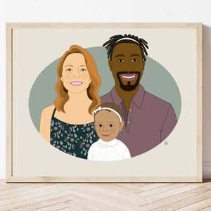 Regalo para familia de 3. Ilustración familiar personalizada. Dibujo Digital. imagen 1