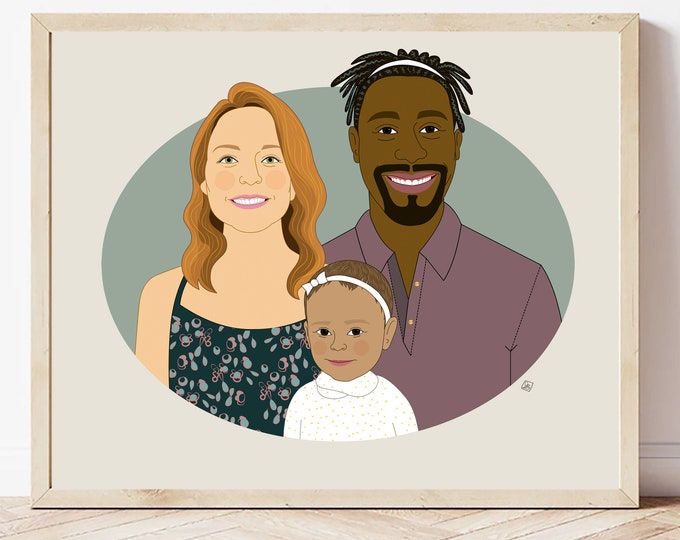 Cadeau pour une famille de 3 personnes. Illustration de famille personnalisée. Dessin numérique.
