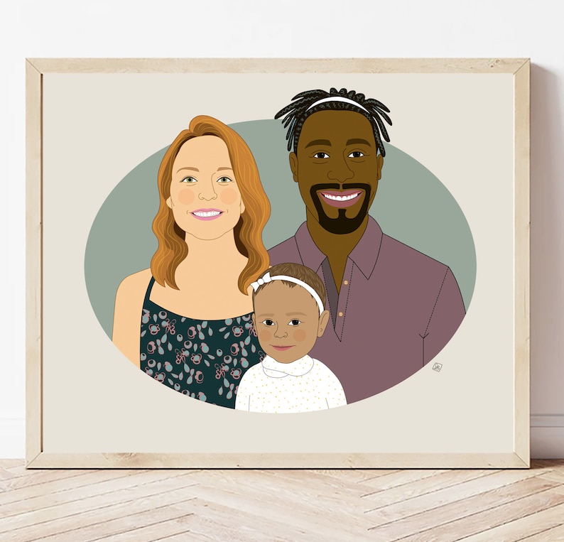 Cadeau pour une famille de 3 personnes. Illustration de famille personnalisée. Dessin numérique. image 1