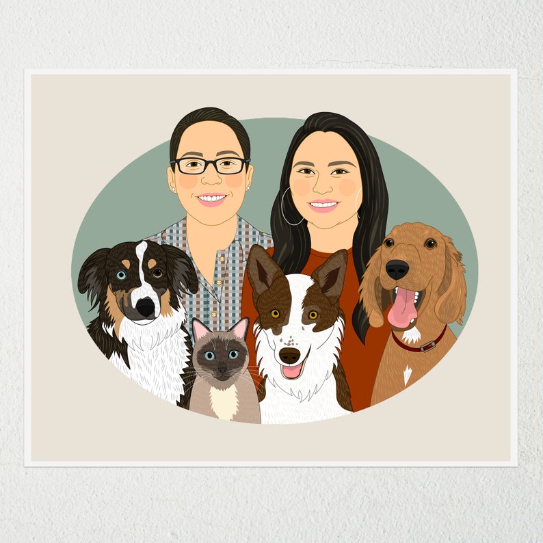Custom Couple Portrait with 3 or more Pets. Personalized portrait from photos. 5 or more people or pets. image 8