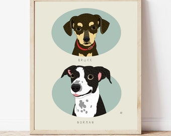 Ritratti di cani doppi. 2 cani. Memoriali del cane. Regalo per gli amanti dei cani. Memoriale degli animali domestici. Ritratto multiplo di animali domestici.