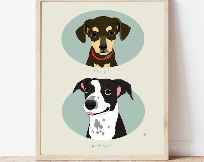 Portraits de chiens doubles. 2 chiens. Monuments commémoratifs pour chiens. Cadeau pour les amoureux des chiens. Mémorial pour animaux de compagnie. Portrait d'animaux de compagnie multiples.