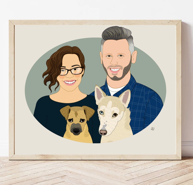 Custom Family Portrait Illustration From Photos. Dog and Cat Lover Family Portraits. Anniversary or Birthday Gift. image 3