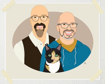 Portraits de couple personnalisés avec animal de compagnie. Cadeau de mariage homosexuel pour couples ou amis LGBTQ. Cadeau d'anniversaire ou de mariage gay.