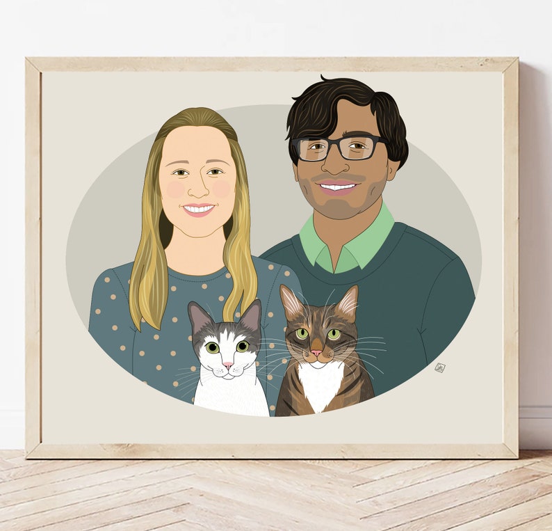 Unique Home decoration. Personalized Wall Art. Personalized couple portrait with 2 dogs. Wedding or Anniversary gift. image 6