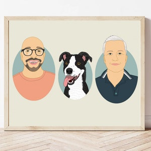 Custom Couple Portrait with pet, Personalized Anniversary or Birthday gift. 2 people & 1 pet. 3 oval frame. image 6