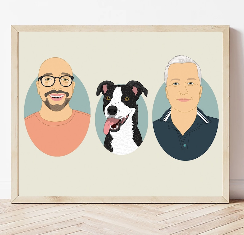 Custom Couple Portrait with pet, Personalized Anniversary or Birthday gift. 2 people & 1 pet. 3 oval frame. image 6