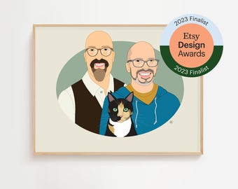 ペットと一緒にいるLGBTQカップルのポートレート、ゲイカップルの絵、結婚式や記念日の贈り物