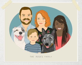 6 people or pets. Christmas gift. Family illustration from photos. Digital file.