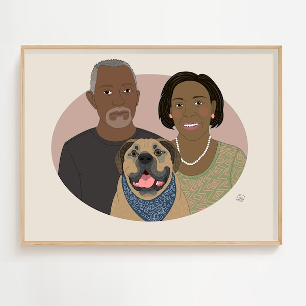 Couple Portrait with Pet, Anniversary Gift, Hand Drawn Vector Illustration.