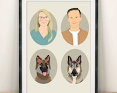 2 people 2 pets. Housewarming gift. Personalized couple portraits with 2 pets. Wedding, engagement or anniversary gift.