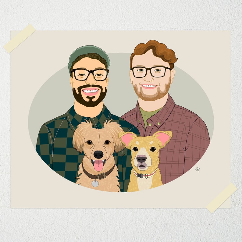 Unique Home decoration. Personalized Wall Art. Personalized couple portrait with 2 dogs. Wedding or Anniversary gift. image 9
