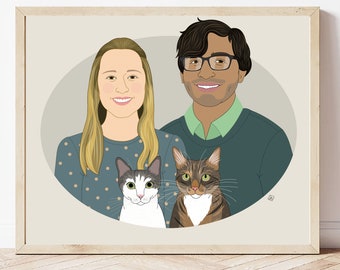 Gift For Pet Lovers Custom Couples Portrait With 2 Pets From Photos. Personalized Drawing From Photos.