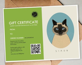 Gift certificate. Custom Cat portrait + 8x10' Art print. Portrait commission. Cat memorial. Gift for cat lovers. Last Minute gift Idea.