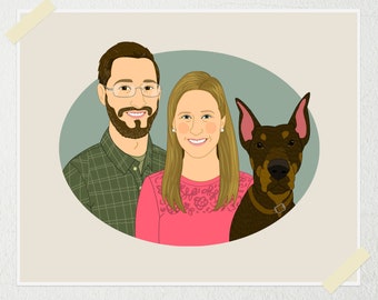 Custom Couple Portrait with Pet. Personalized Portrait Drawing. Custom Illustration. Wedding or Anniversary gift. Gift for Couples.