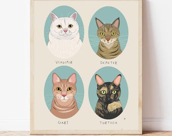 Hand-Drawn Pet Portraits in Oval Frames, 4 Pets