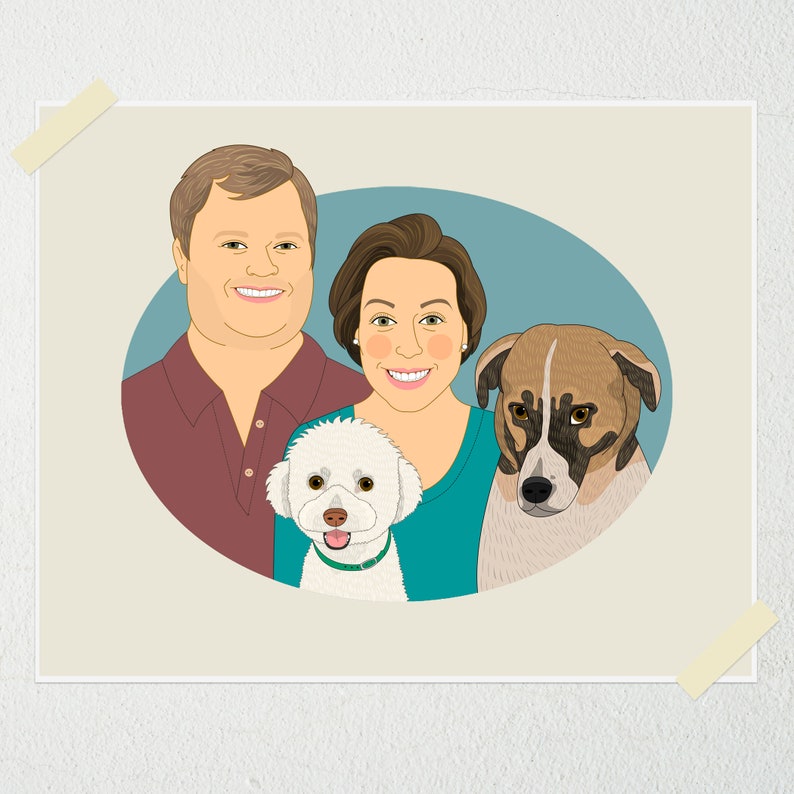 Custom couple portrait with pets. Gift for animal lovers. | Etsy