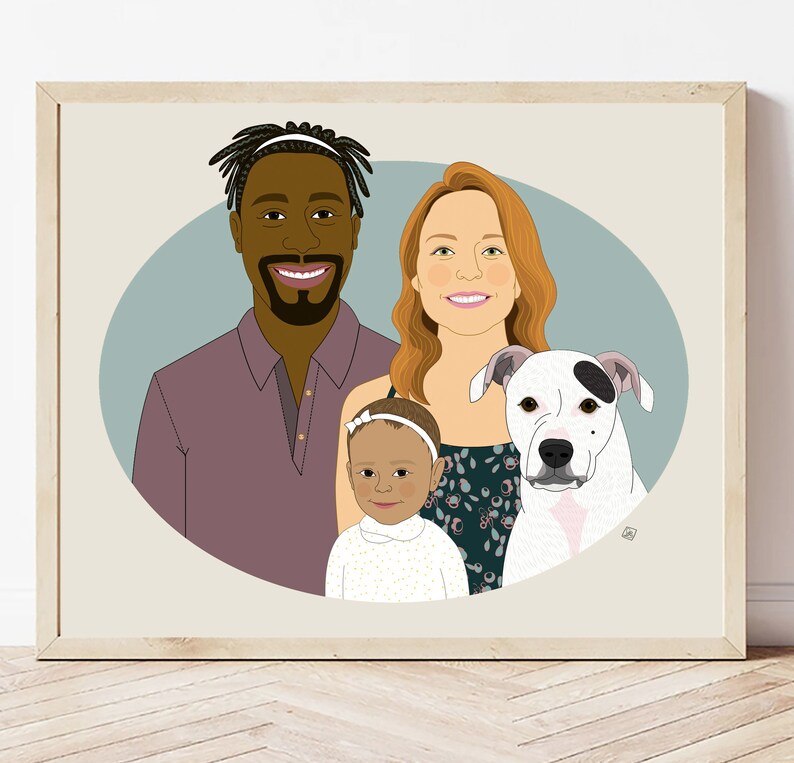 Family Portrait with a Baby and a Pet. Mother's or Father's Day gift. Anniversary gift. 3 people 1 pet. image 8