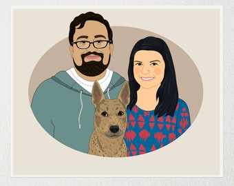 Cadeau pour la mariée. Cadeau de mariage unique pour couple. Portrait personnalisé avec un animal de compagnie. Dessin numérique à partir de photos. 2 personnes 1 animal domestique.